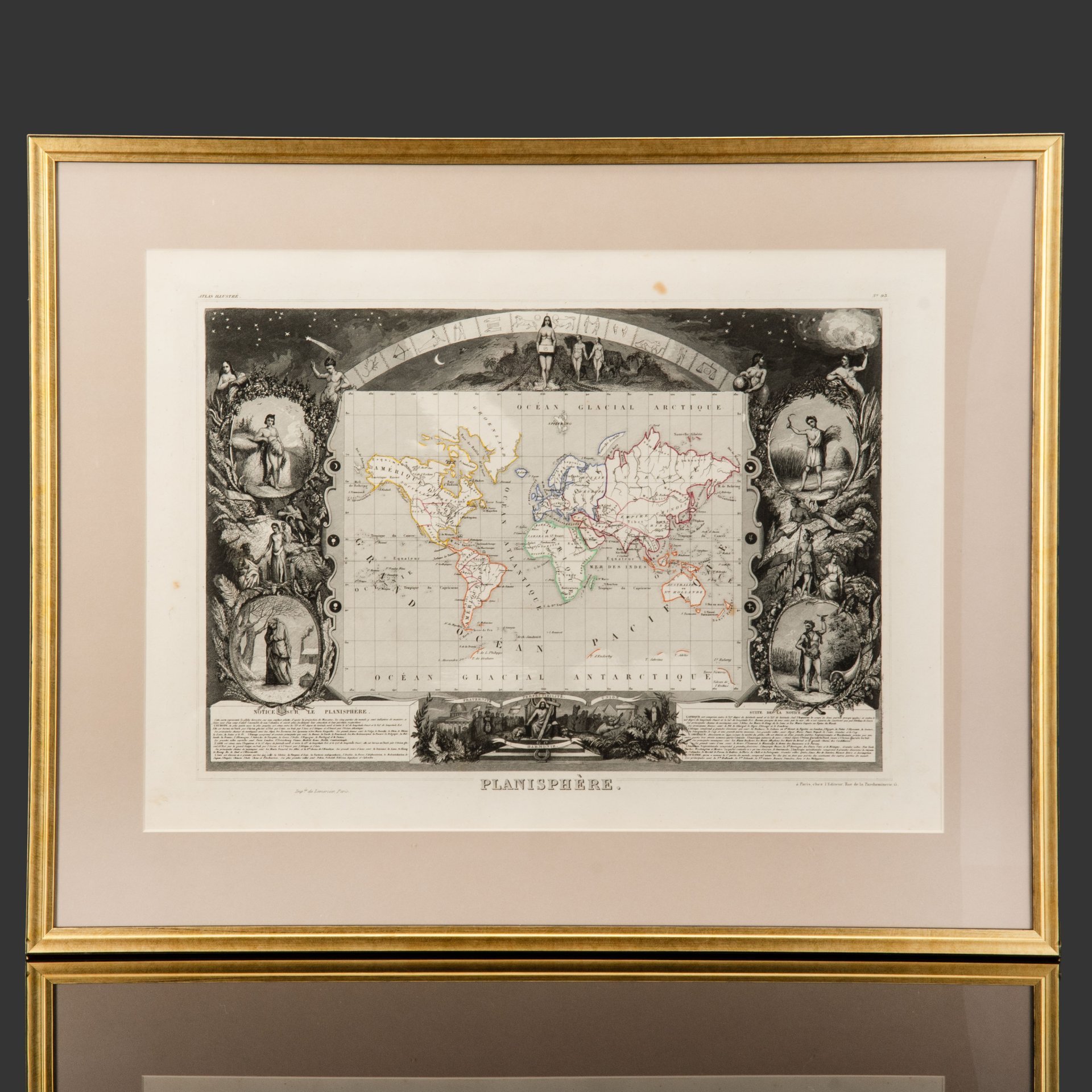 Гравюра "Карта мира (Planisphère)" в раме, автор Виктор Левассер (Victor Levasseur), бумага, печать, дерево стекло, Франция, 1840-1860 гг.