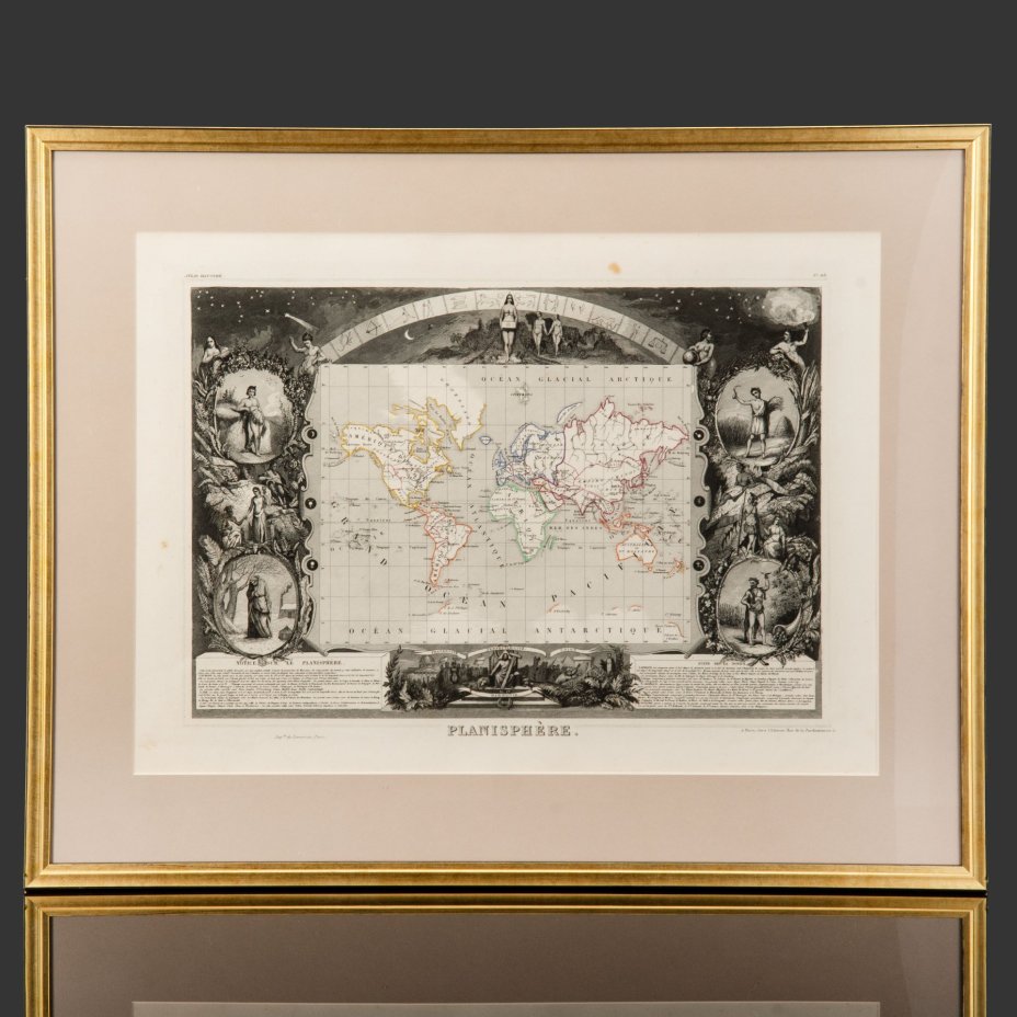 Гравюра "Карта мира (Planisphère)" в раме, автор Виктор Левассер (Victor Levasseur), бумага, печать, дерево стекло, Франция, 1840-1860 гг.