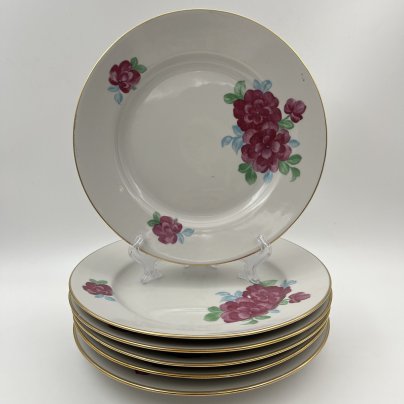 Набор обеденных тарелок с цветочным декором на 6 персон, фарфор, деколь, золочение, Дулевский фарфоровый завод (Дулёво), СССР, 1968-1991 гг.