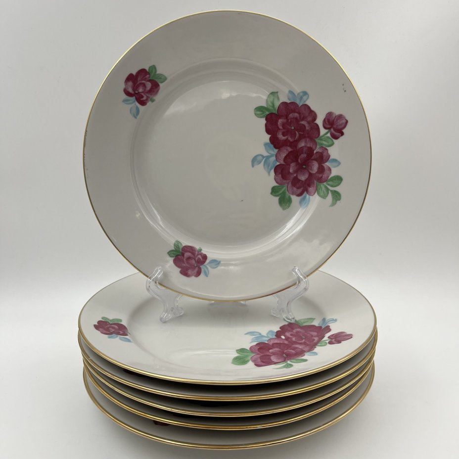 Набор обеденных тарелок с цветочным декором на 6 персон, фарфор, деколь, золочение, Дулевский фарфоровый завод (Дулёво), СССР, 1968-1991 гг.