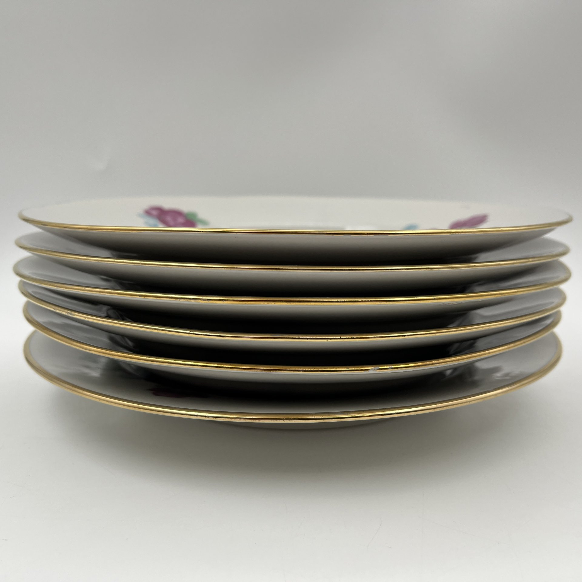 Набор обеденных тарелок с цветочным декором на 6 персон, фарфор, деколь, золочение, Дулевский фарфоровый завод (Дулёво), СССР, 1968-1991 гг.