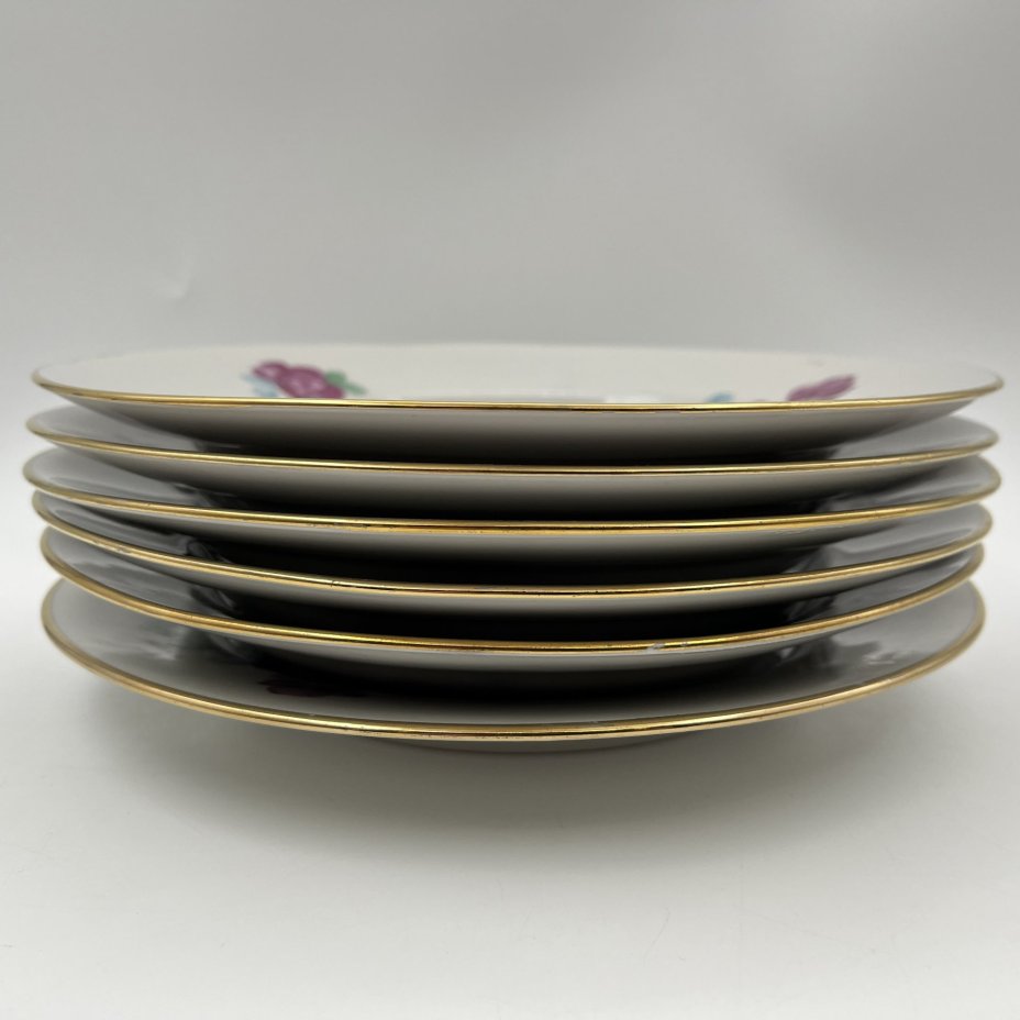 Набор обеденных тарелок с цветочным декором на 6 персон, фарфор, деколь, золочение, Дулевский фарфоровый завод (Дулёво), СССР, 1968-1991 гг.