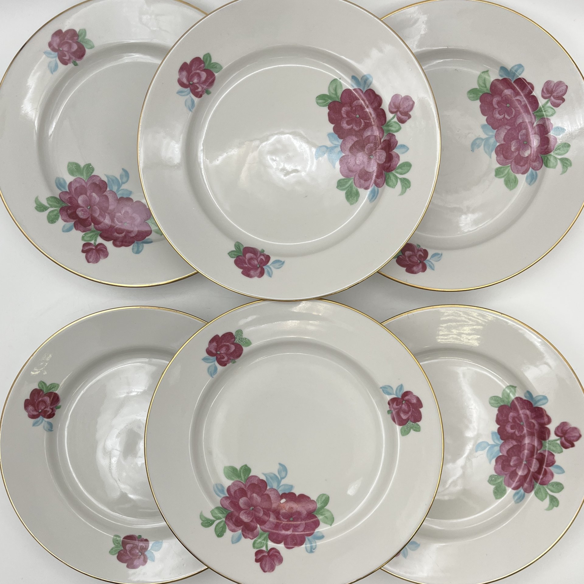 Набор обеденных тарелок с цветочным декором на 6 персон, фарфор, деколь, золочение, Дулевский фарфоровый завод (Дулёво), СССР, 1968-1991 гг.