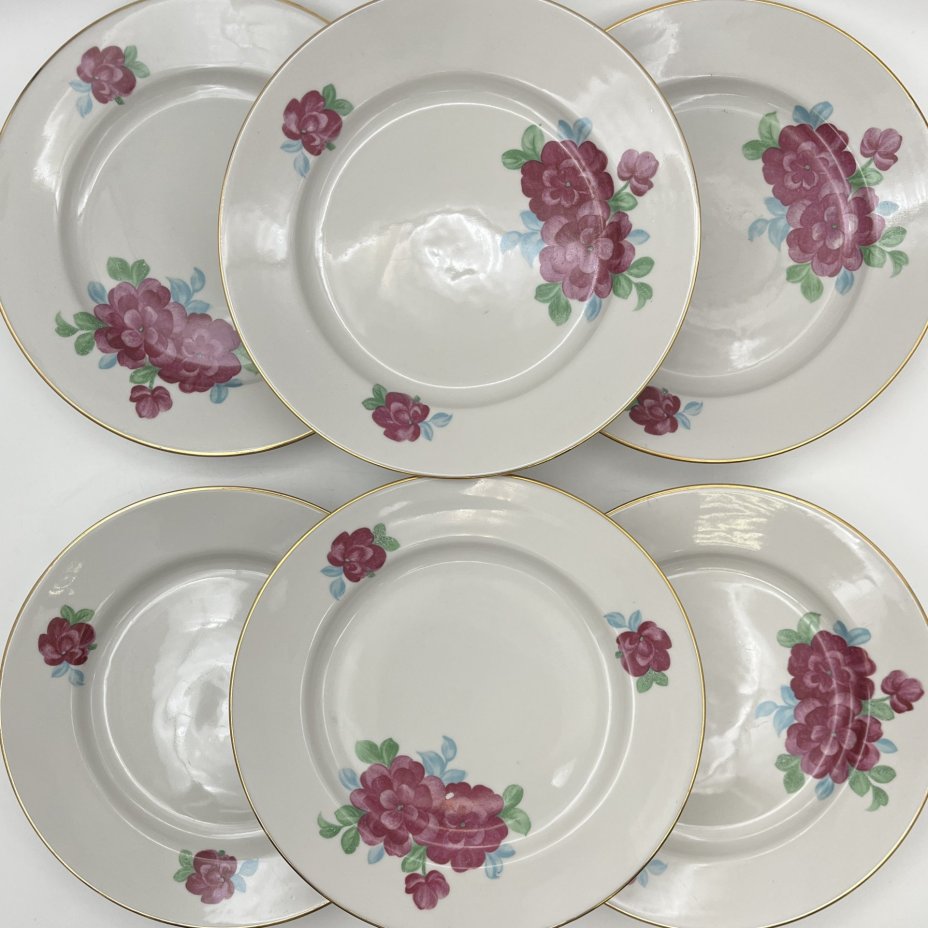 Набор обеденных тарелок с цветочным декором на 6 персон, фарфор, деколь, золочение, Дулевский фарфоровый завод (Дулёво), СССР, 1968-1991 гг.