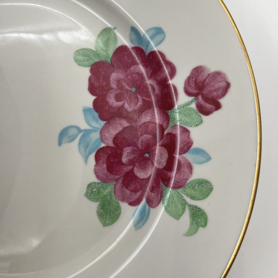 Набор обеденных тарелок с цветочным декором на 6 персон, фарфор, деколь, золочение, Дулевский фарфоровый завод (Дулёво), СССР, 1968-1991 гг.