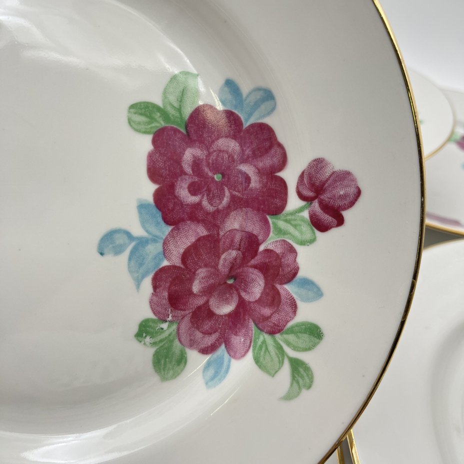 Набор обеденных тарелок с цветочным декором на 6 персон, фарфор, деколь, золочение, Дулевский фарфоровый завод (Дулёво), СССР, 1968-1991 гг.