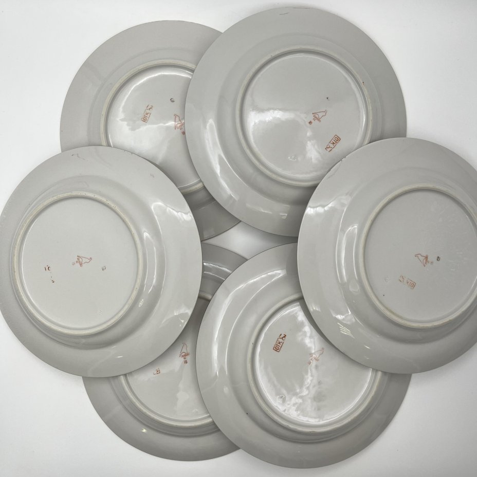 Набор обеденных тарелок с цветочным декором на 6 персон, фарфор, деколь, золочение, Дулевский фарфоровый завод (Дулёво), СССР, 1968-1991 гг.