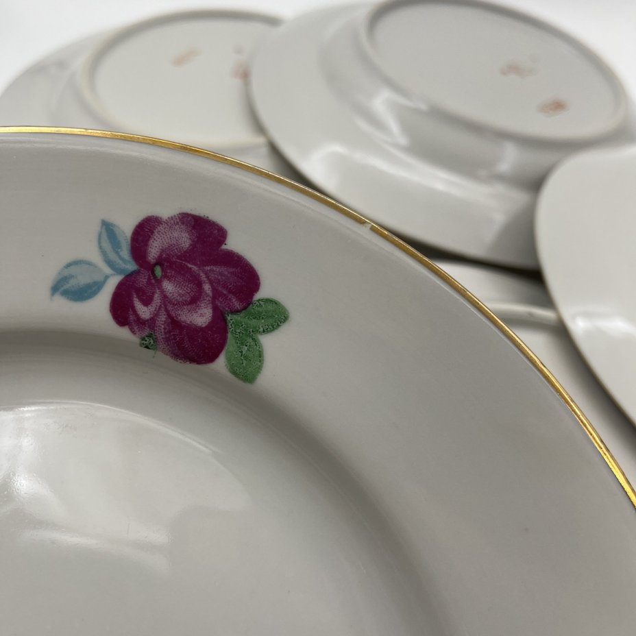 Набор обеденных тарелок с цветочным декором на 6 персон, фарфор, деколь, золочение, Дулевский фарфоровый завод (Дулёво), СССР, 1968-1991 гг.