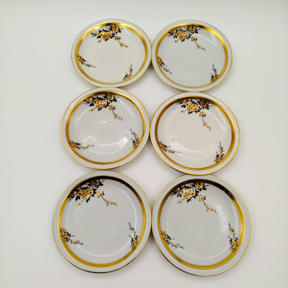 Набор розеток с цветочным декором на 6 персон, фарфор, деколь, золочение, Graf Von Henneberg Porzellan, 1777 Jlmenau, ГДР, 1949-1970 гг.