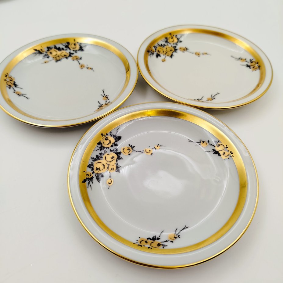 Набор розеток с цветочным декором на 6 персон, фарфор, деколь, золочение, Graf Von Henneberg Porzellan, 1777 Jlmenau, ГДР, 1949-1970 гг.