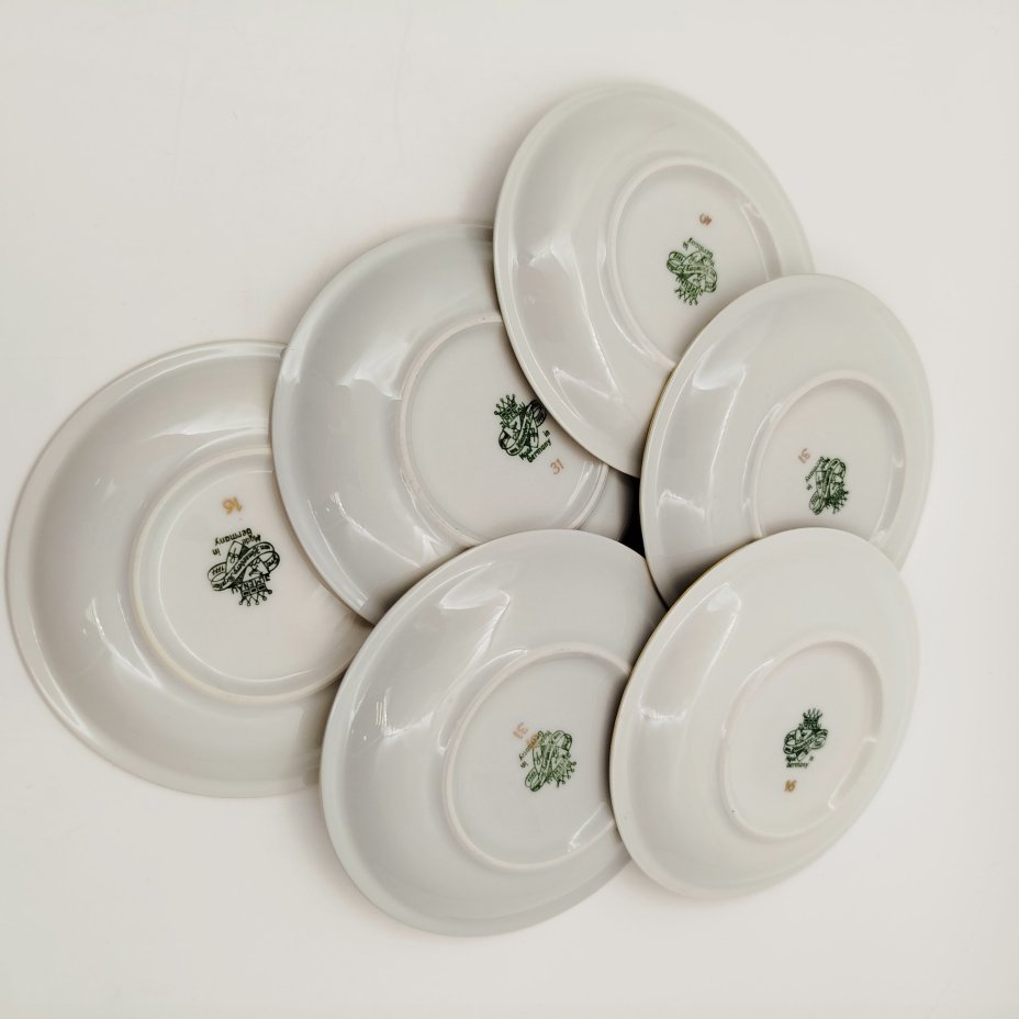 Набор розеток с цветочным декором на 6 персон, фарфор, деколь, золочение, Graf Von Henneberg Porzellan, 1777 Jlmenau, ГДР, 1949-1970 гг.