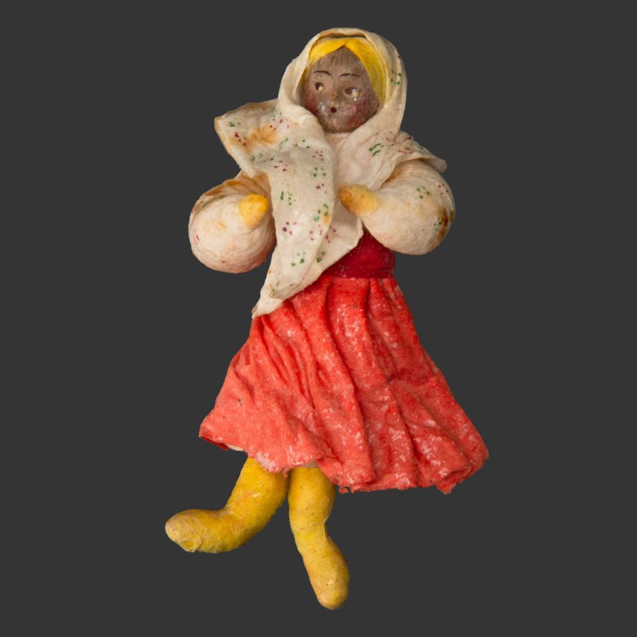 Игрушка ёлочная "Девушка в платке", вата, мастика, роспись, СССР, 1930-1940 гг.