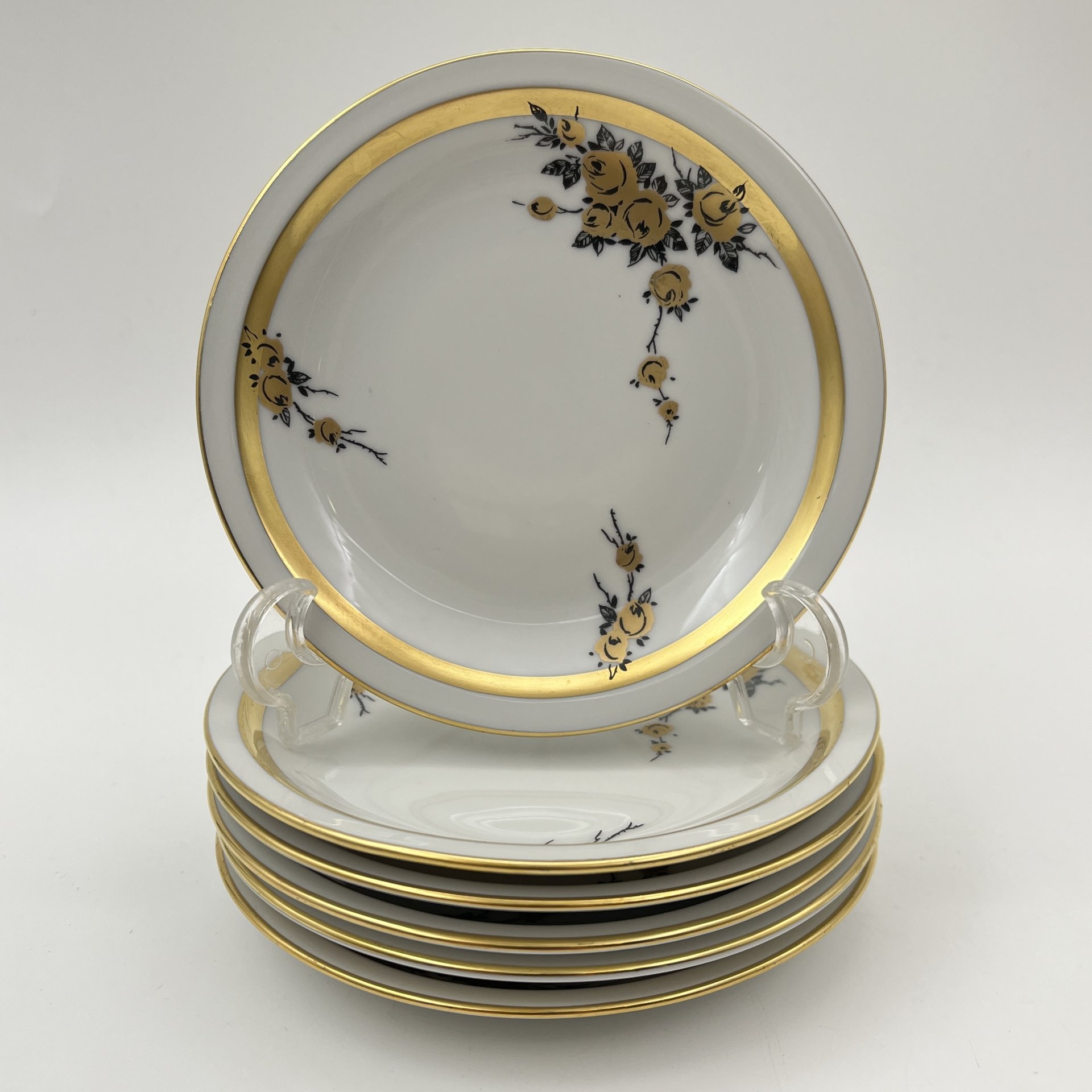 Набор розеток с цветочным декором на 6 персон, фарфор, деколь, золочение, Graf Von Henneberg Porzellan, 1777 Jlmenau, ГДР, 1949-1970 гг.