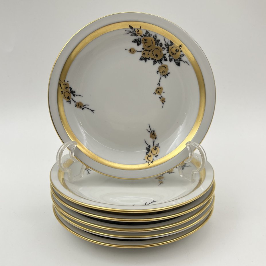 Набор розеток с цветочным декором на 6 персон, фарфор, деколь, золочение, Graf Von Henneberg Porzellan, 1777 Jlmenau, ГДР, 1949-1970 гг.