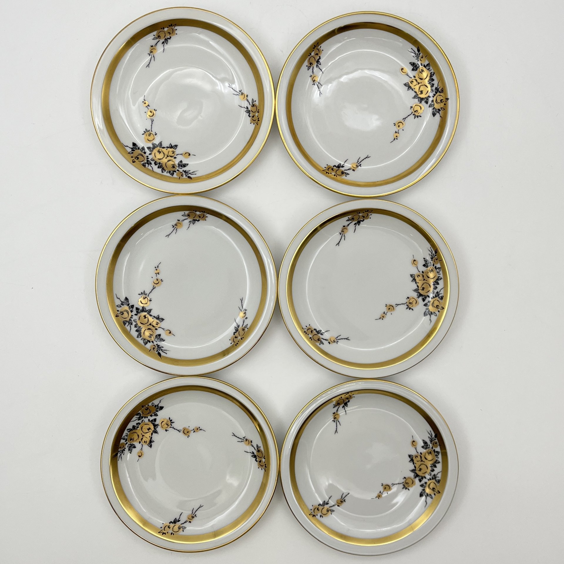 Набор розеток с цветочным декором на 6 персон, фарфор, деколь, золочение, Graf Von Henneberg Porzellan, 1777 Jlmenau, ГДР, 1949-1970 гг.