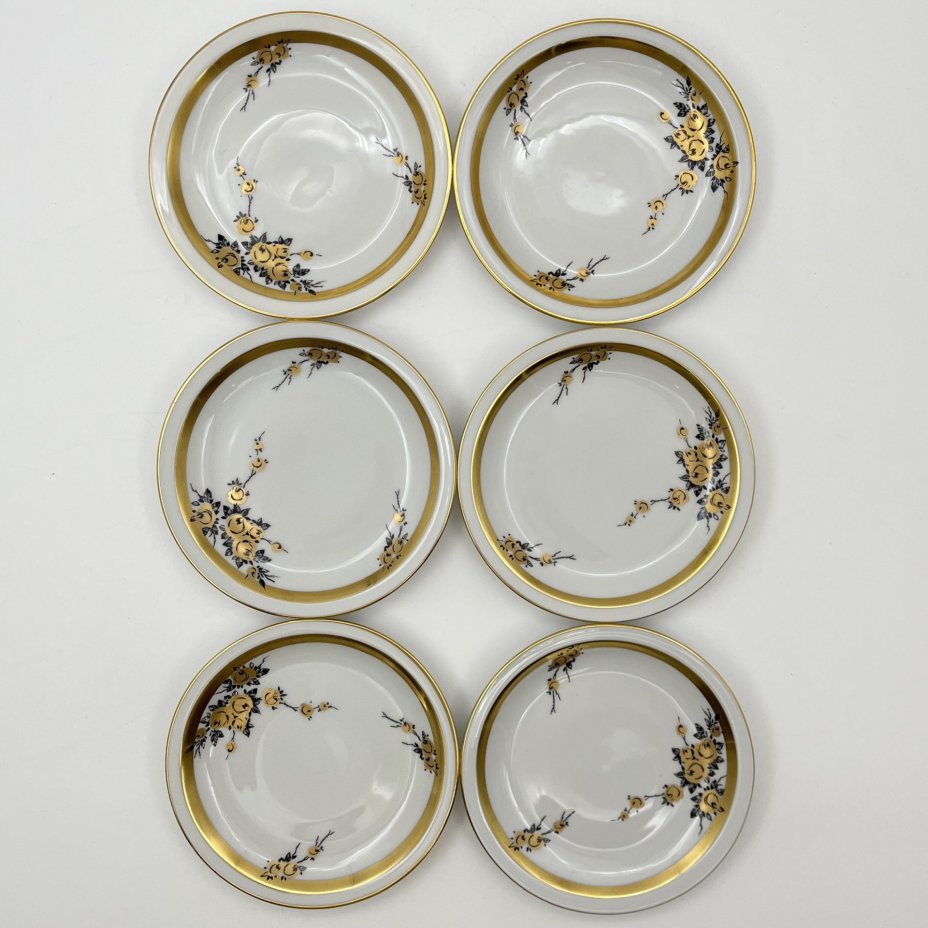 Набор розеток с цветочным декором на 6 персон, фарфор, деколь, золочение, Graf Von Henneberg Porzellan, 1777 Jlmenau, ГДР, 1949-1970 гг.