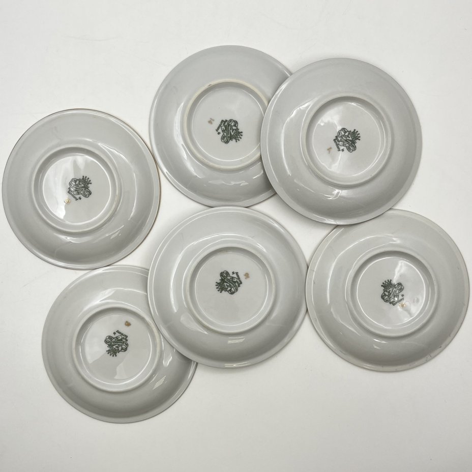 Набор розеток с цветочным декором на 6 персон, фарфор, деколь, золочение, Graf Von Henneberg Porzellan, 1777 Jlmenau, ГДР, 1949-1970 гг.