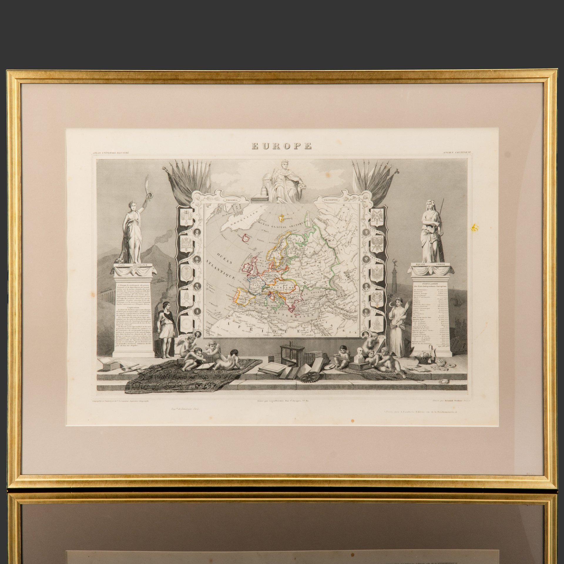 Гравюра "Карта Европы (Europe)" в раме, автор Виктор Левассер (Victor Levasseur), бумага, печать, дерево стекло, Франция, 1840-1860 гг.