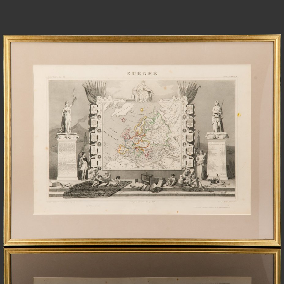 Гравюра "Карта Европы (Europe)" в раме, автор Виктор Левассер (Victor Levasseur), бумага, печать, дерево стекло, Франция, 1840-1860 гг.