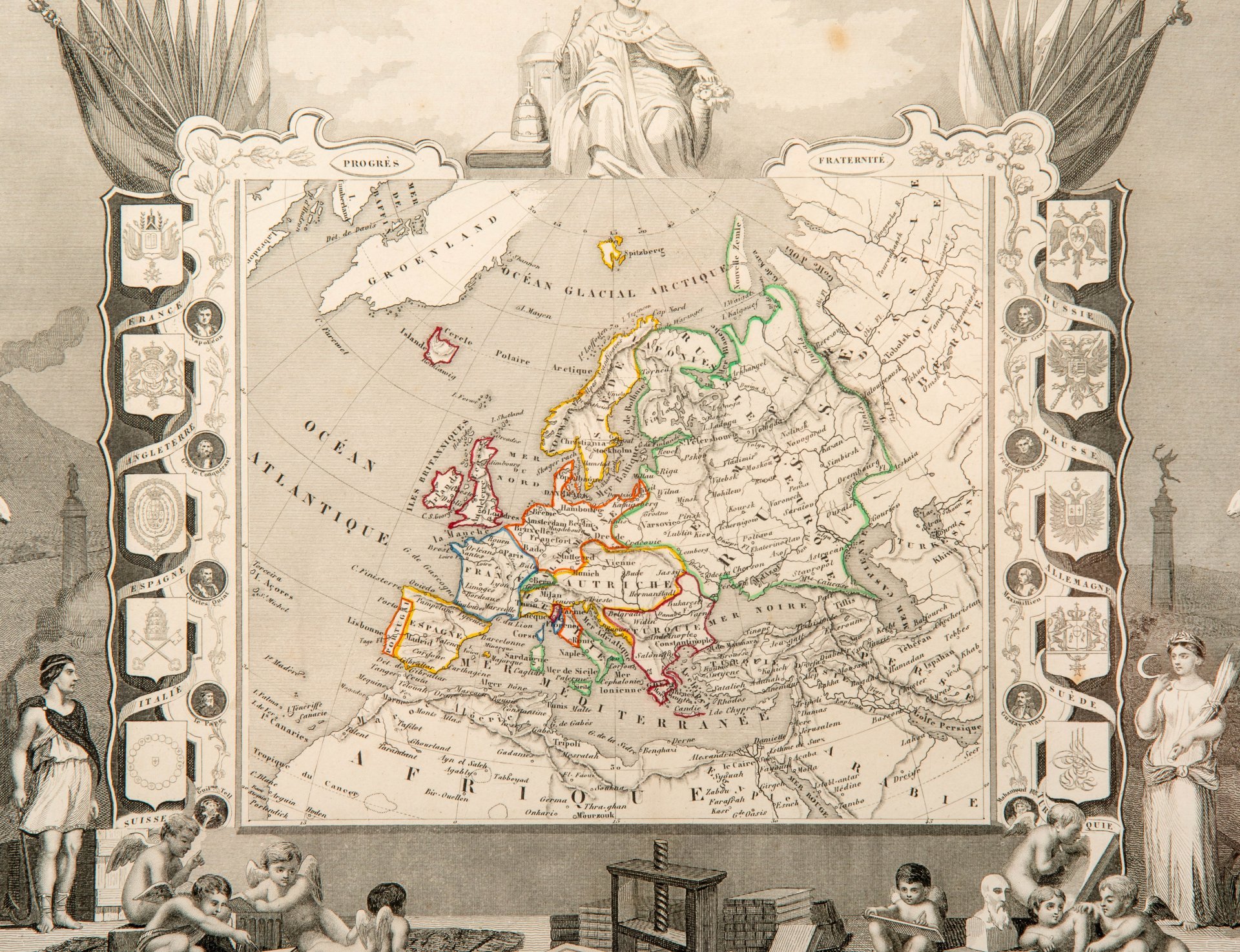 Гравюра "Карта Европы (Europe)" в раме, автор Виктор Левассер (Victor Levasseur), бумага, печать, дерево стекло, Франция, 1840-1860 гг.