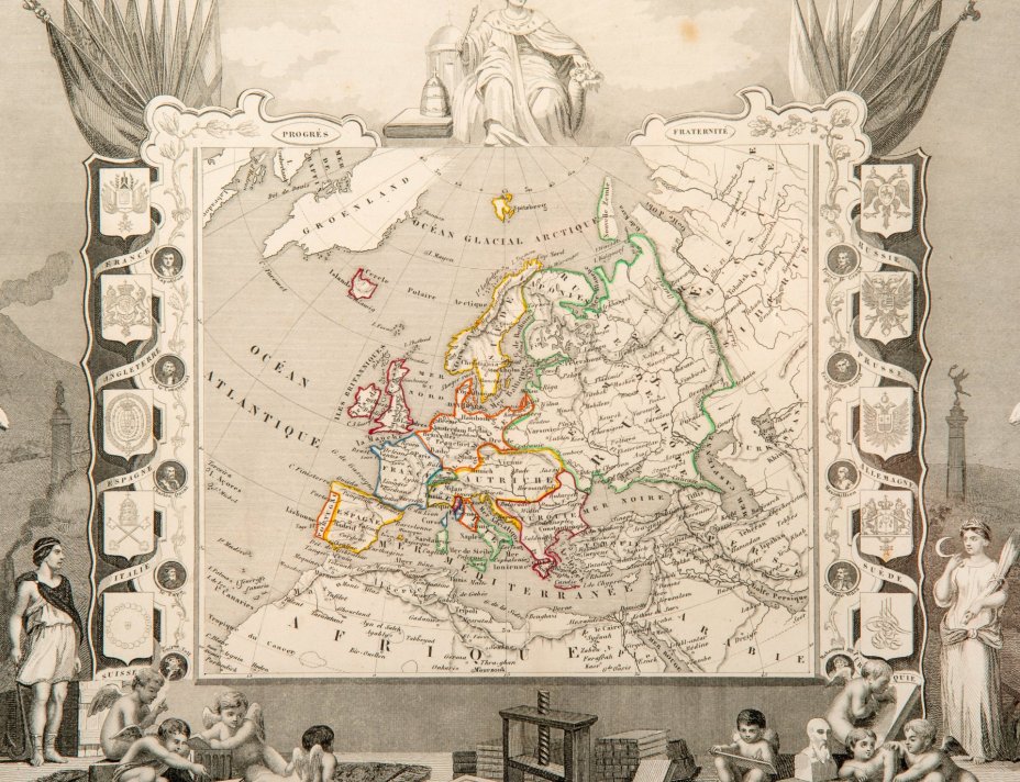Гравюра "Карта Европы (Europe)" в раме, автор Виктор Левассер (Victor Levasseur), бумага, печать, дерево стекло, Франция, 1840-1860 гг.