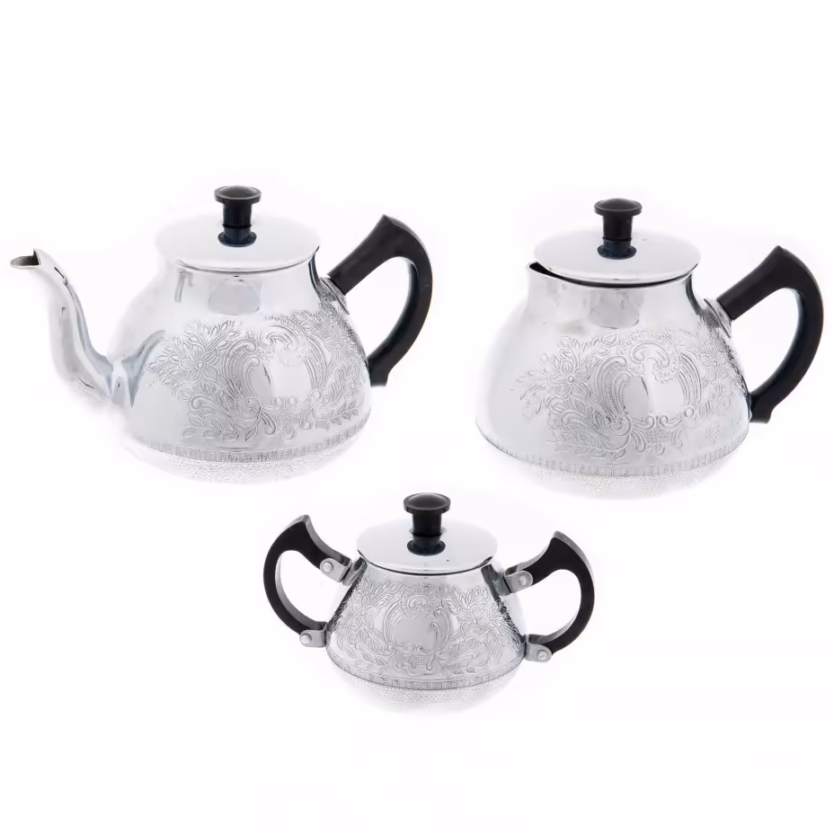 Чайный набор из чайника, молочника и сахарницы, металл, пластик, СССР, 1970-1990 гг.