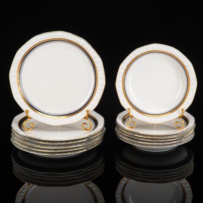 Набор столовой посуды (тарелок)  на 6 персон (12 предметов)  со строгим геометрическим декором, фарфор, деколь, золочение, Winterling Marktleuthen Bavaria, Германия, 1950-1990 гг.