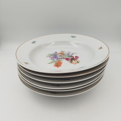 Набор столовых (глубоких) тарелок "Мейсенский букет" на 6 персон, фарфор, деколь, золочение, Дулевский фарфоровый завод (Дулёво), СССР, 1968 г.