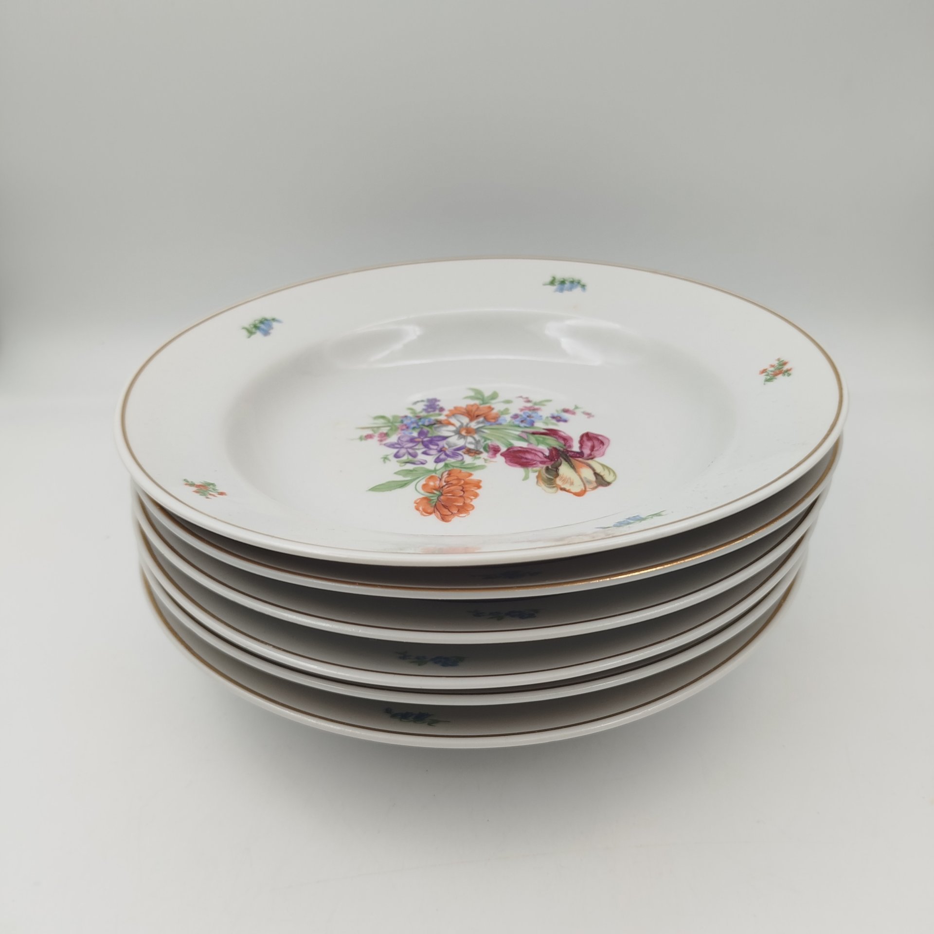 Набор столовых (глубоких) тарелок "Мейсенский букет" на 6 персон, фарфор, деколь, золочение, Дулевский фарфоровый завод (Дулёво), СССР, 1968 г.