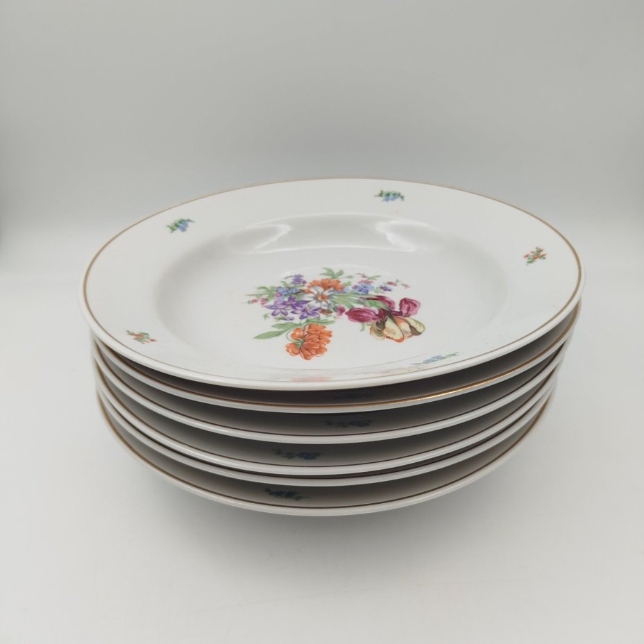 Набор столовых (глубоких) тарелок "Мейсенский букет" на 6 персон, фарфор, деколь, золочение, Дулевский фарфоровый завод (Дулёво), СССР, 1968 г.