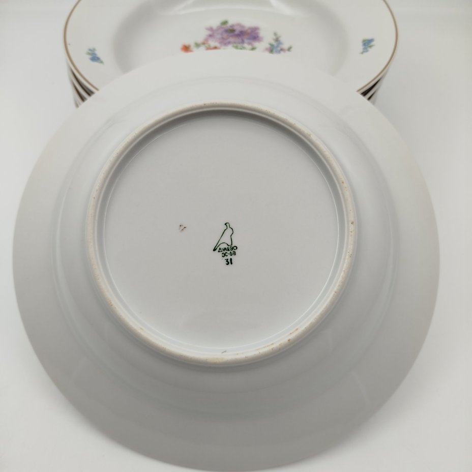 Набор столовых (глубоких) тарелок "Мейсенский букет" на 6 персон, фарфор, деколь, золочение, Дулевский фарфоровый завод (Дулёво), СССР, 1968 г.