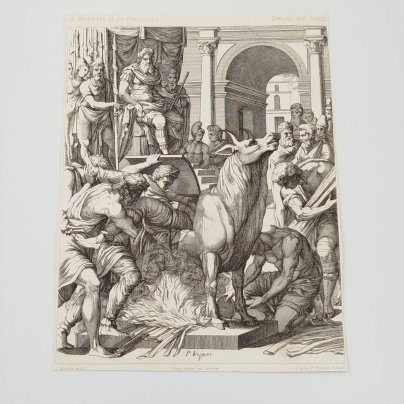 Литография из издания "Бык Фаларида" (древнее орудие казни), по мотивам гравюры Pierre Woeiriot, Фирма "Lemercier", бумага, печать, Франция, 1851-1900 гг.