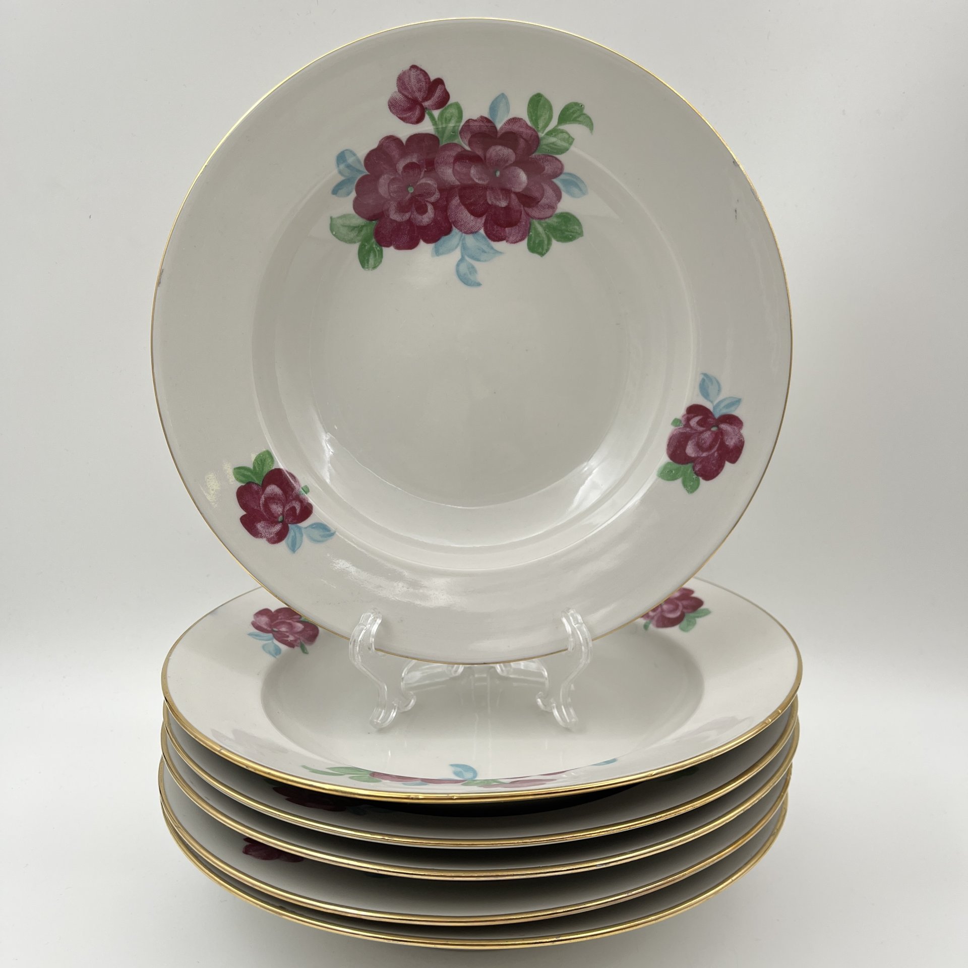 Набор суповых (глубоких) тарелок с цветочным декором на 6 персон, фарфор, деколь, золочение, Дулевский фарфоровый завод (Дулёво), СССР, 1968-1991 гг.