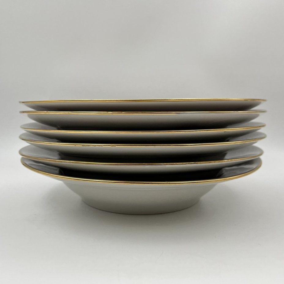 Набор суповых (глубоких) тарелок с цветочным декором на 6 персон, фарфор, деколь, золочение, Дулевский фарфоровый завод (Дулёво), СССР, 1968-1991 гг.