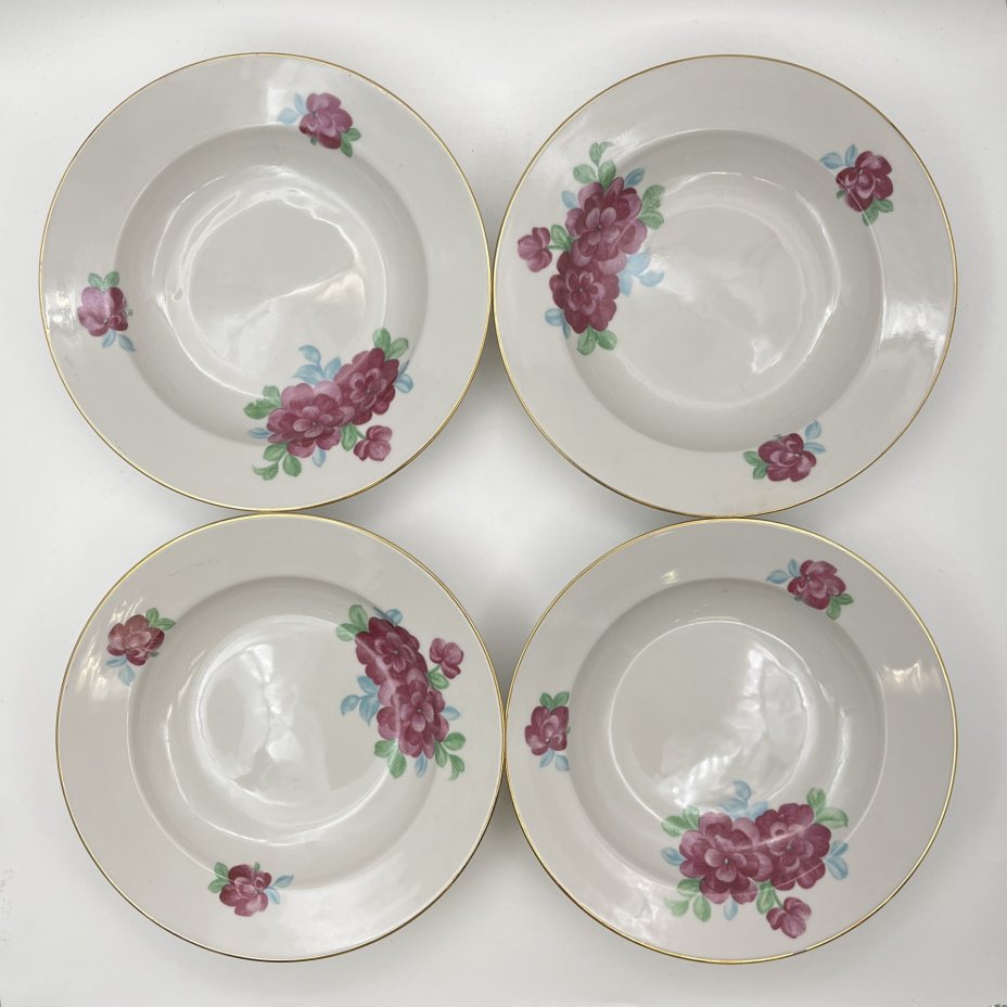Набор суповых (глубоких) тарелок с цветочным декором на 6 персон, фарфор, деколь, золочение, Дулевский фарфоровый завод (Дулёво), СССР, 1968-1991 гг.