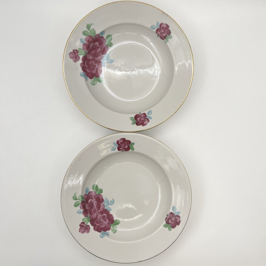 Набор суповых (глубоких) тарелок с цветочным декором на 6 персон, фарфор, деколь, золочение, Дулевский фарфоровый завод (Дулёво), СССР, 1968-1991 гг.