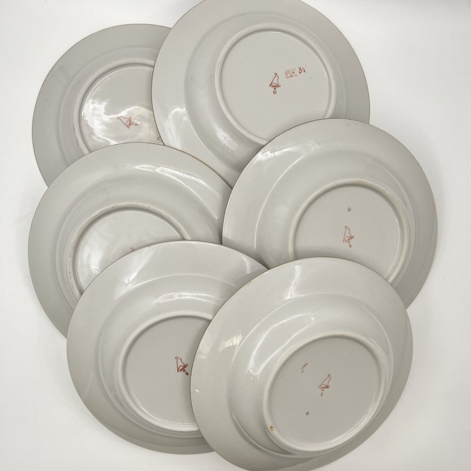 Набор суповых (глубоких) тарелок с цветочным декором на 6 персон, фарфор, деколь, золочение, Дулевский фарфоровый завод (Дулёво), СССР, 1968-1991 гг.