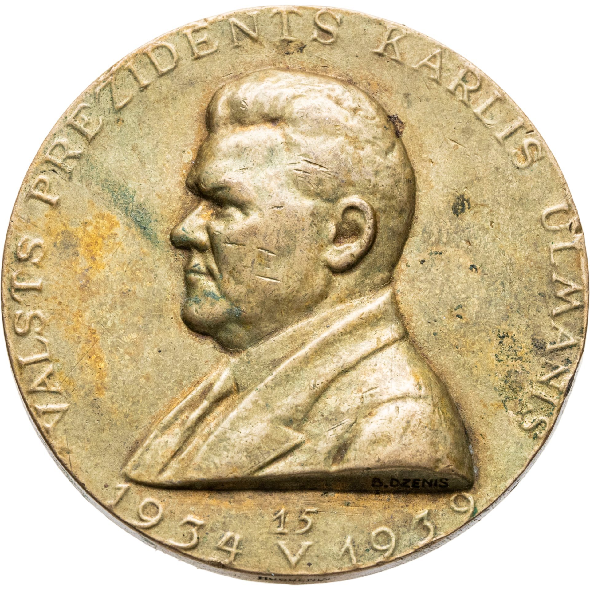 Памятная настольная медаль в честь Карлиса Улманиса и 5-й годовщины Переворота 1934 года, медальер Буркард Дзенис, фирма Huguenin Frères (Швейцария)