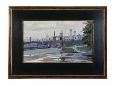 Картина "Москва. Вид на Кремль" (В раме с паспарту), Художник Александр Николаевич Дубовский, оргалит, масло