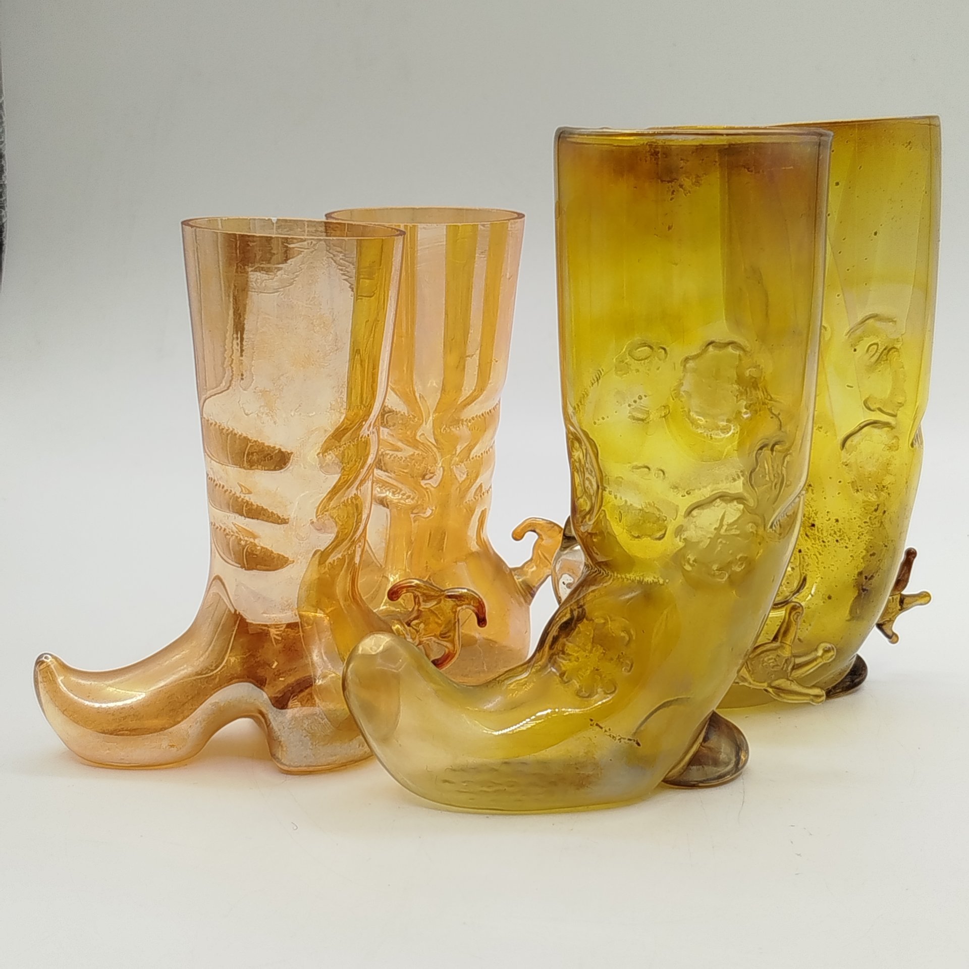 Набор из 4-х сувенирных стопок "Сапог" (в подборе), цветное стекло, люстр, выдувание, СССР, 1960-1970 гг.