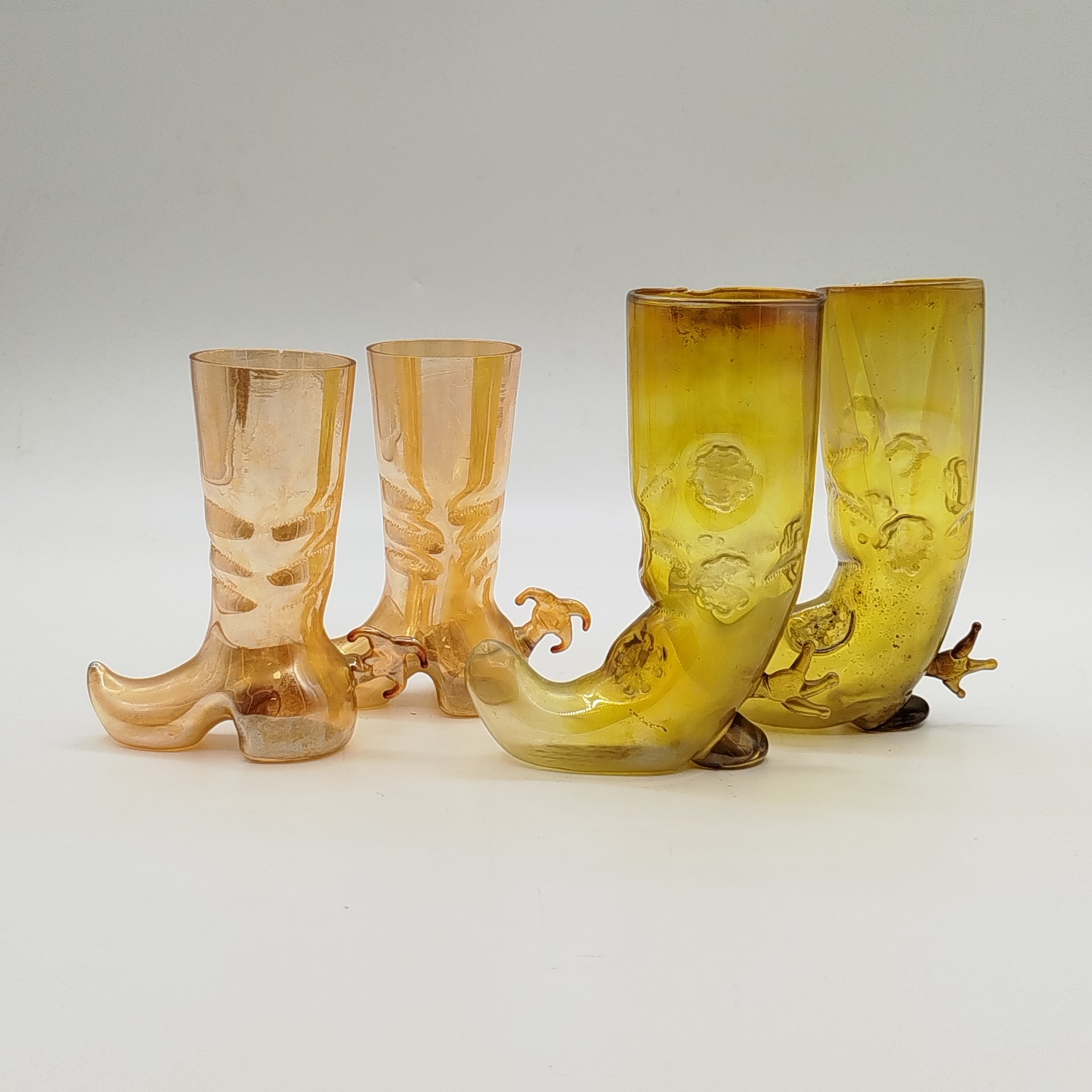 Набор из 4-х сувенирных стопок "Сапог" (в подборе), цветное стекло, люстр, выдувание, СССР, 1960-1970 гг.