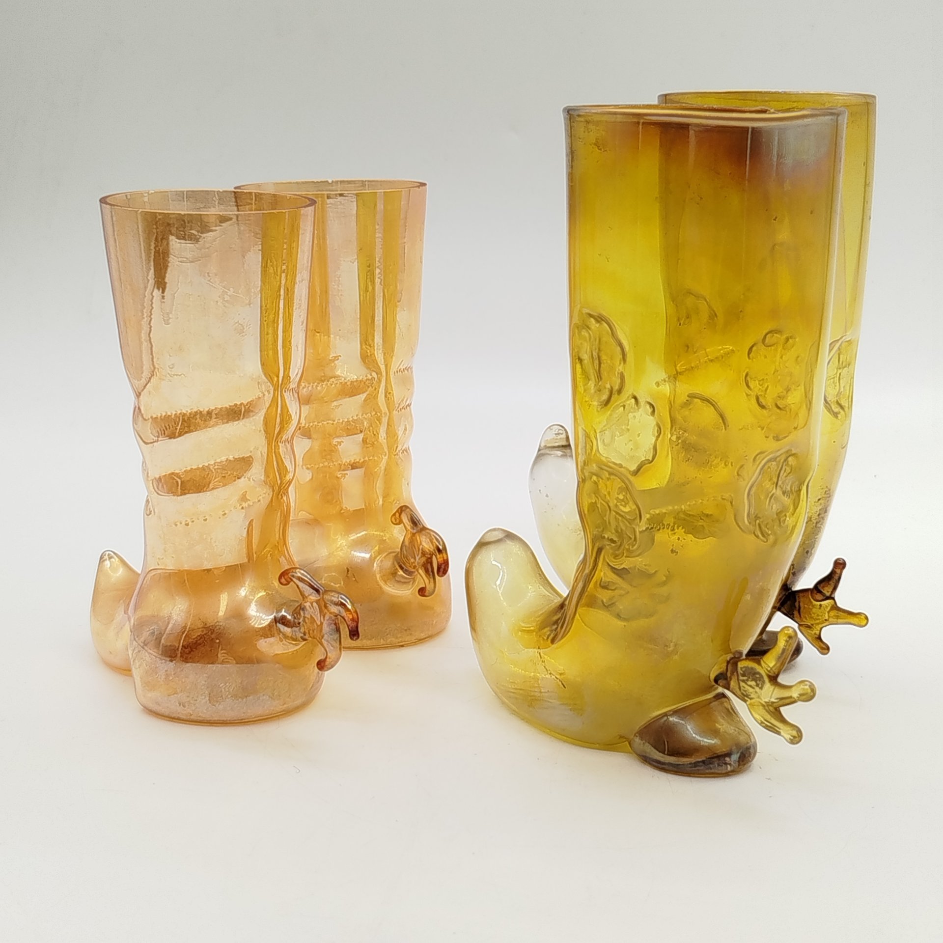 Набор из 4-х сувенирных стопок "Сапог" (в подборе), цветное стекло, люстр, выдувание, СССР, 1960-1970 гг.