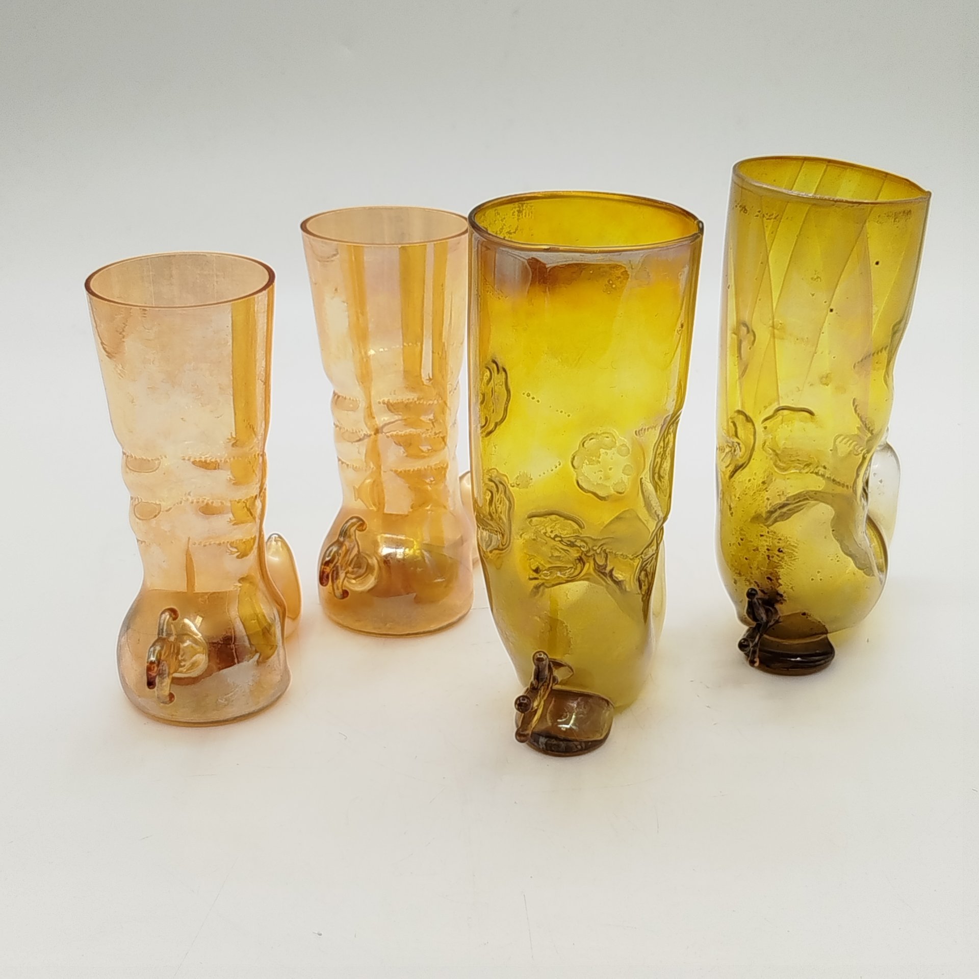 Набор из 4-х сувенирных стопок "Сапог" (в подборе), цветное стекло, люстр, выдувание, СССР, 1960-1970 гг.