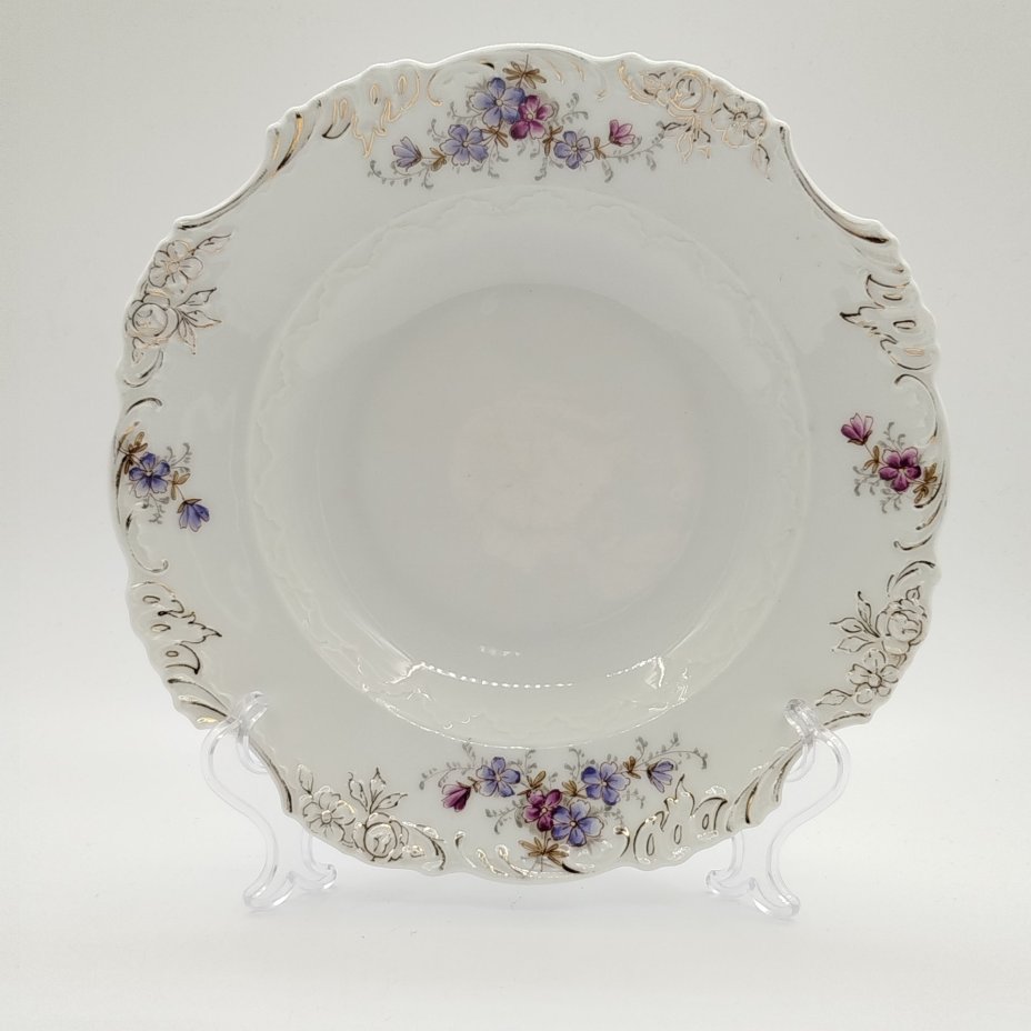 Тарелка суповая с рельефным цветочным декором, фарфор, роспись, золочение, Hermann Ohme, Германия, 1883-1930 гг.