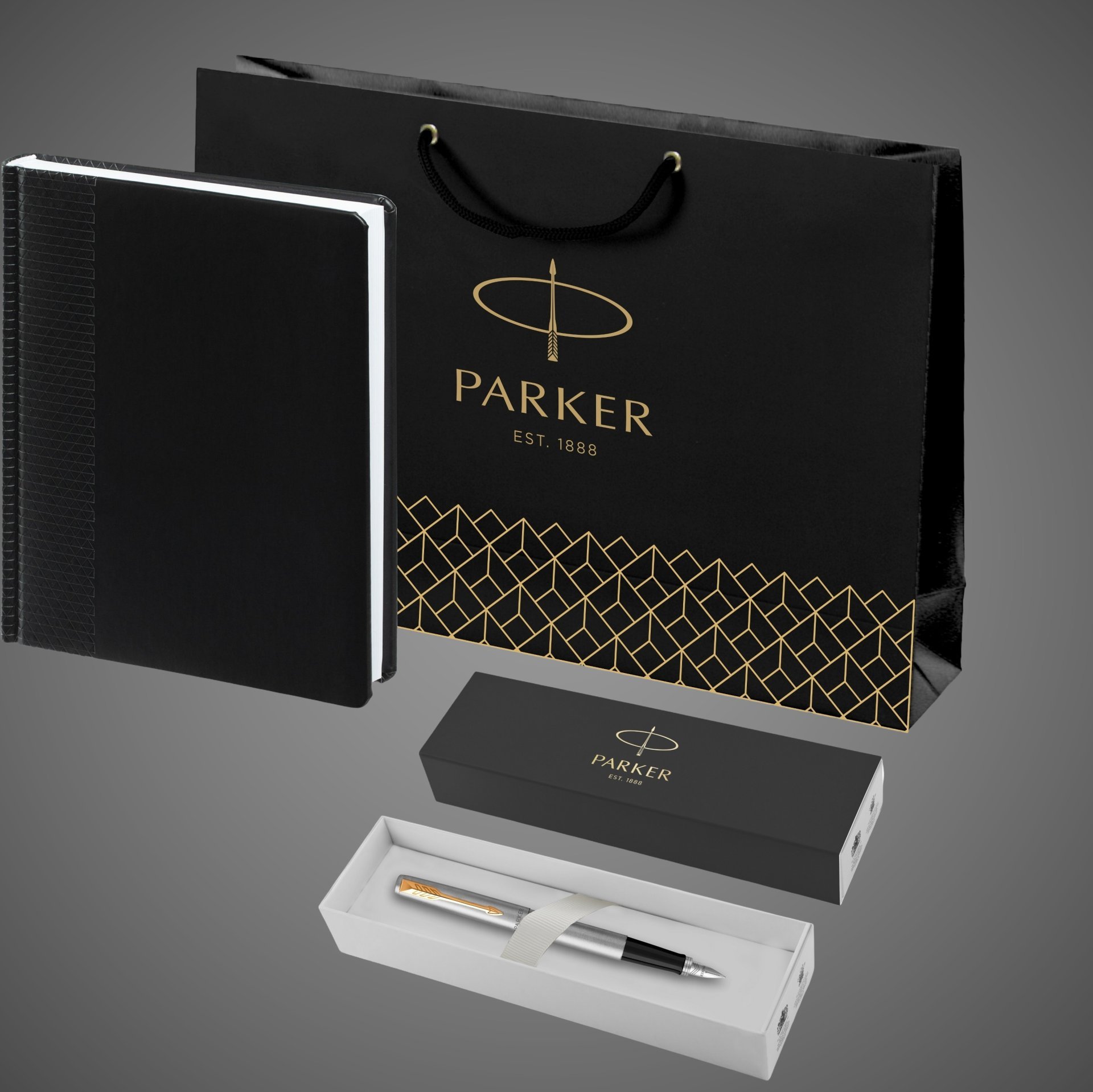 Подарочный набор: Ручка перьевая Parker Jotter Stainless Steel GT и Ежедневник недатированный черный, Металлы: нержавеющая сталь