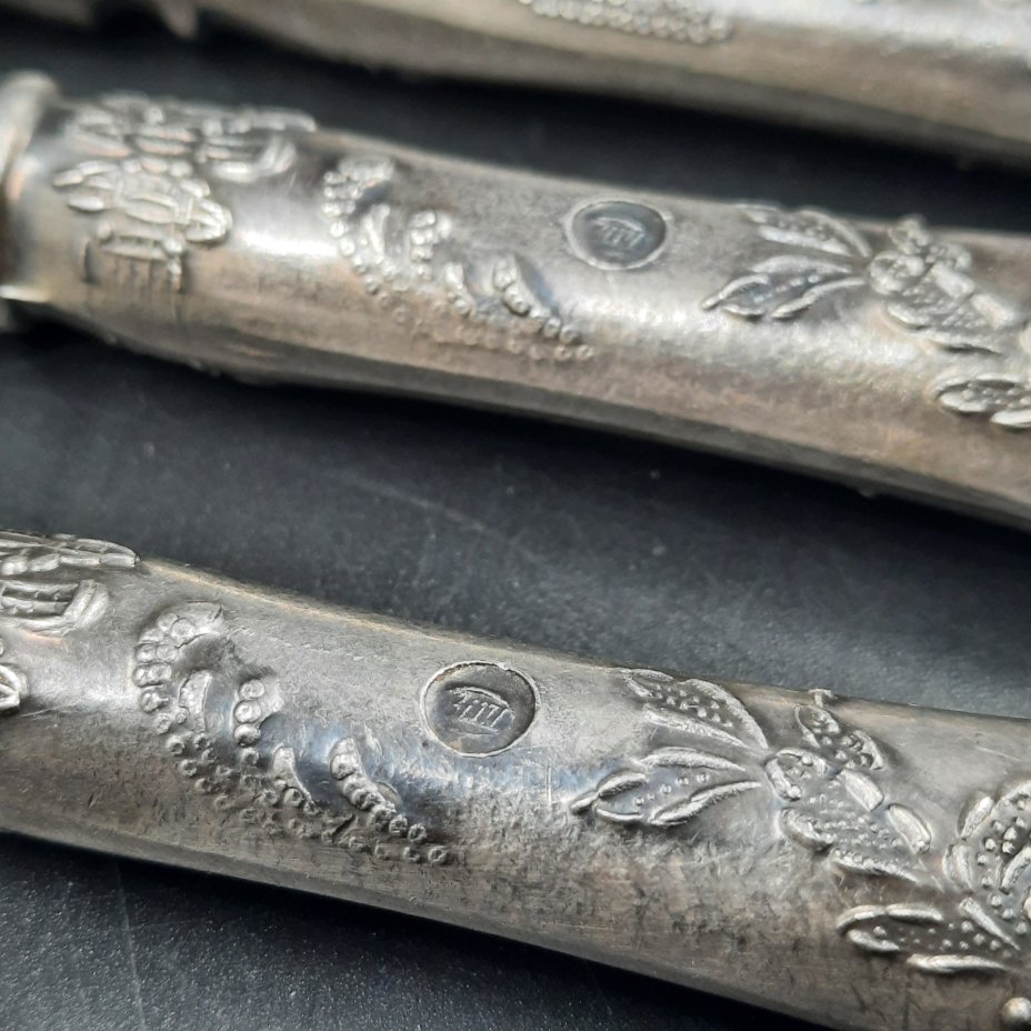 Набор из шести десертных ножей с растительным декором, мНЦ (медь-никель-цинк), сталь, Вольнянский завод столовых приборов им. Шевченко (ЗiШ, ЗиШ), СССР, 1960-1980 гг.