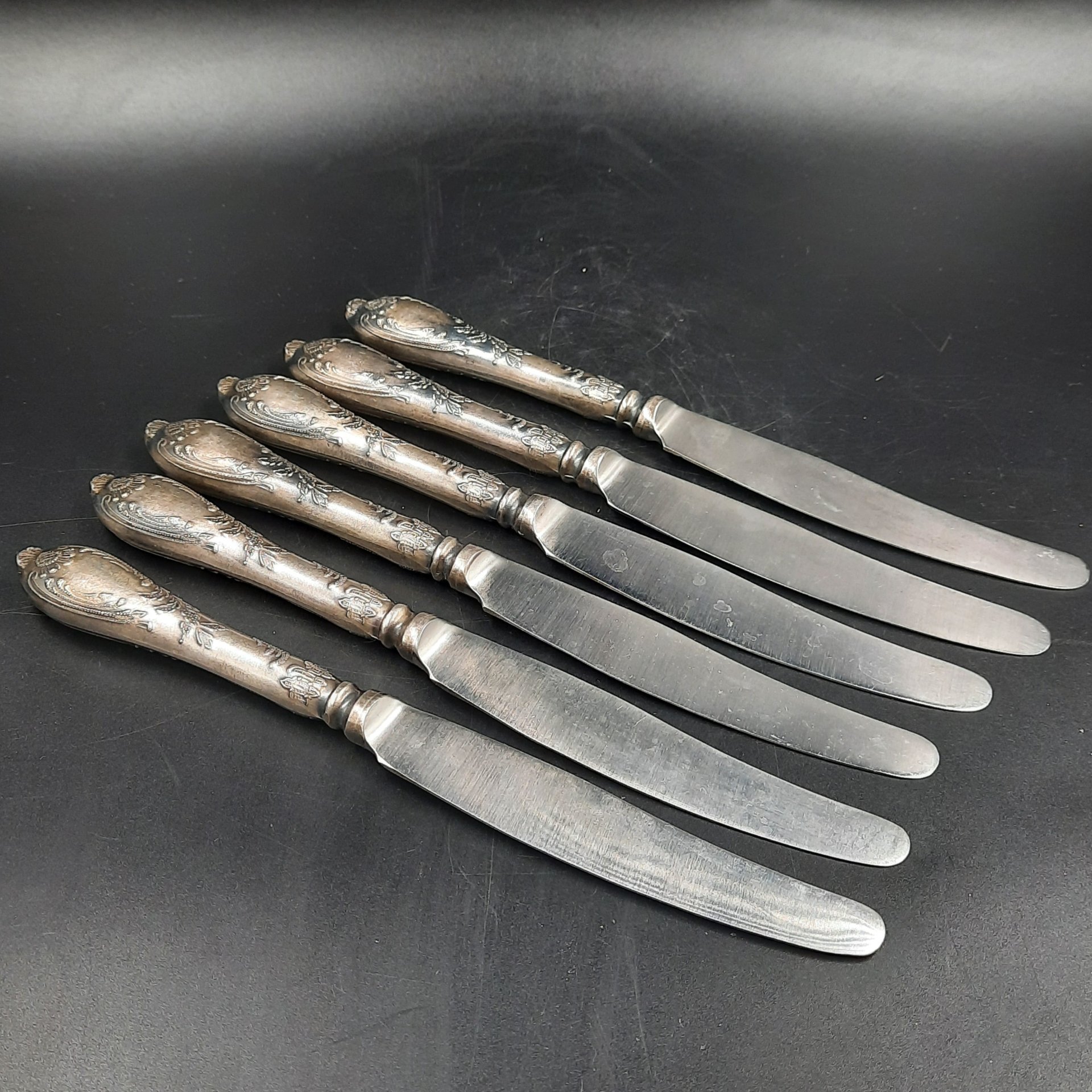 Набор из шести десертных ножей с растительным декором, мНЦ (медь-никель-цинк), сталь, Вольнянский завод столовых приборов им. Шевченко (ЗiШ, ЗиШ), СССР, 1960-1980 гг.