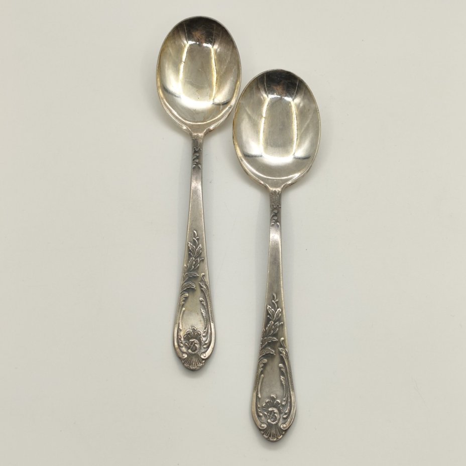 Набор из 2-х салатных ложек с растительным декором, мНЦ (медь-никель-цинк), Вольнянский завод столовых приборов им. Шевченко (ЗiШ, ЗиШ), СССР, 1960-1990 гг.