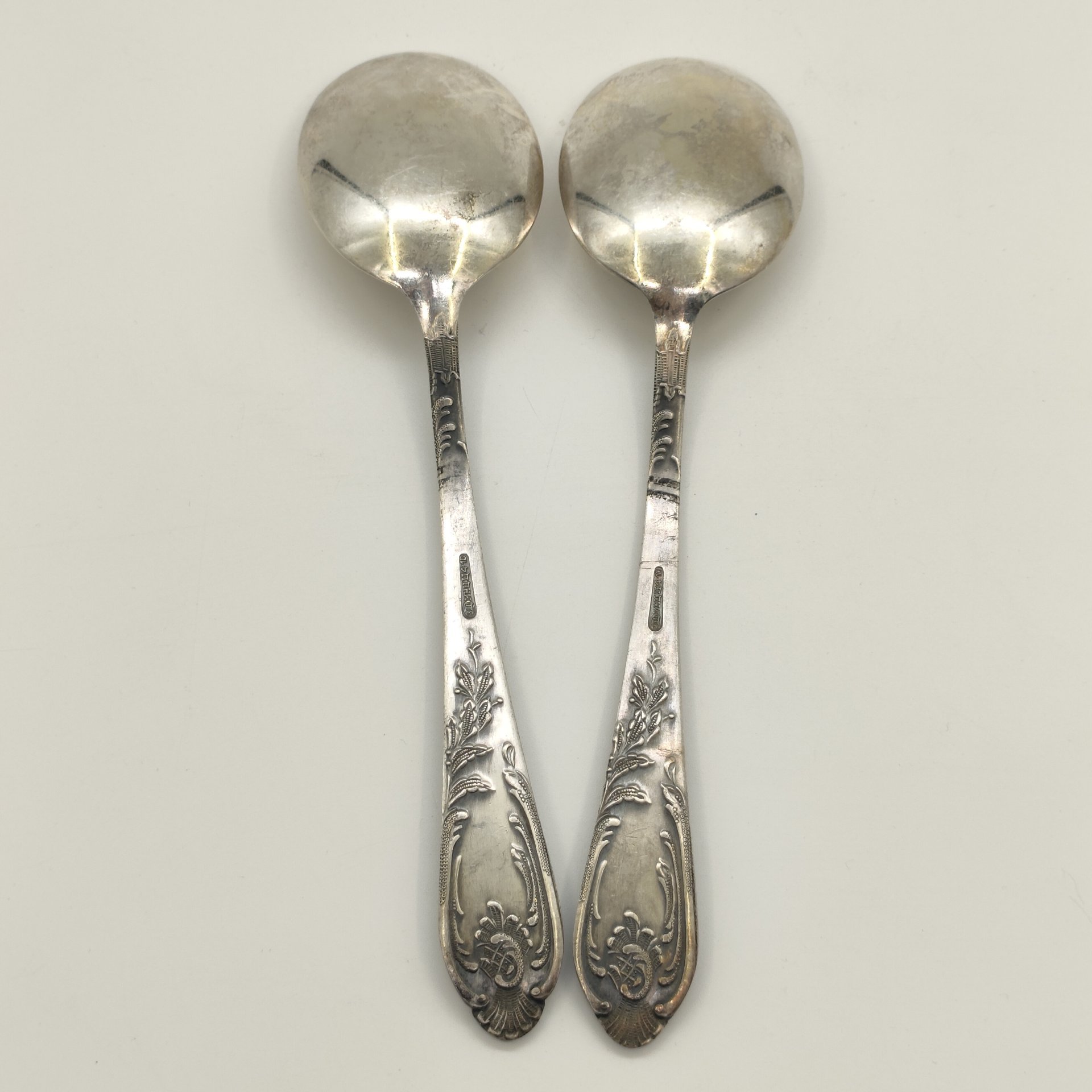 Набор из 2-х салатных ложек с растительным декором, мНЦ (медь-никель-цинк), Вольнянский завод столовых приборов им. Шевченко (ЗiШ, ЗиШ), СССР, 1960-1990 гг.