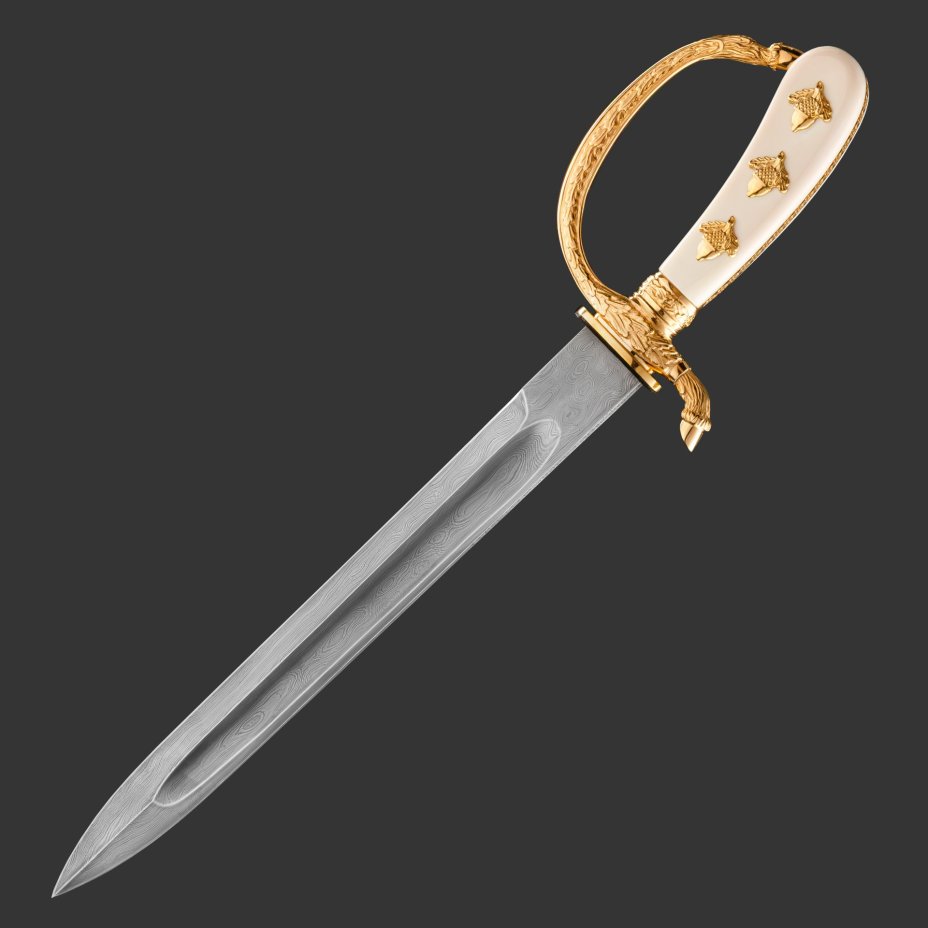 Кинжал охотничий «Хиршфангер», дамасская сталь, латунь, дерево, кожа ската, кость мамонта, золочение, литьевые элементы декора; в деревянном подарочном коробе с бархатным ложементом